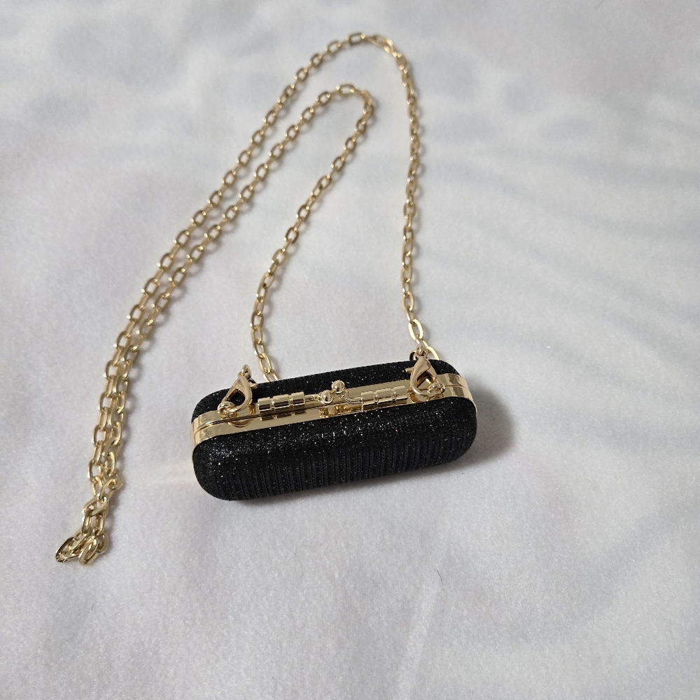 NWOT Elegant Black and Gold Women's Mini Lipstick Holder With Crossbody Chain